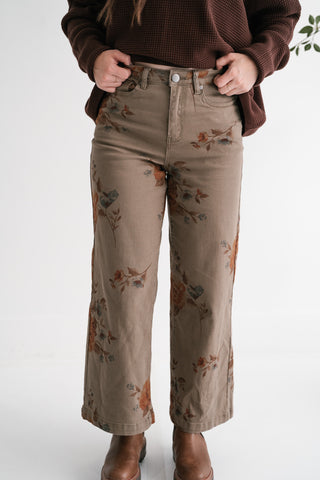 Floral Meadow Wide Leg Denim Pants - Olive