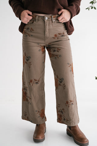 Floral Meadow Wide Leg Denim Pants - Olive