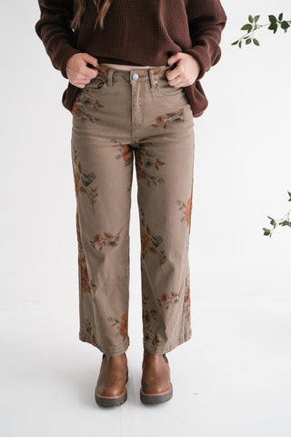 Floral Meadow Wide Leg Denim Pants - Olive