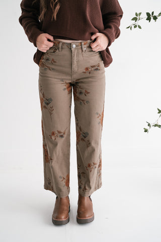Floral Meadow Wide Leg Denim Pants - Olive
