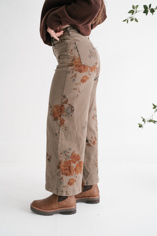 Floral Meadow Wide Leg Denim Pants - Olive