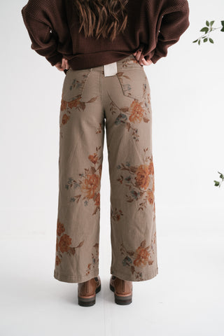 Floral Meadow Wide Leg Denim Pants - Olive