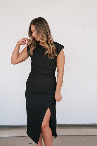 Uptown Girl Twist Waist Side Slit Midi Dress