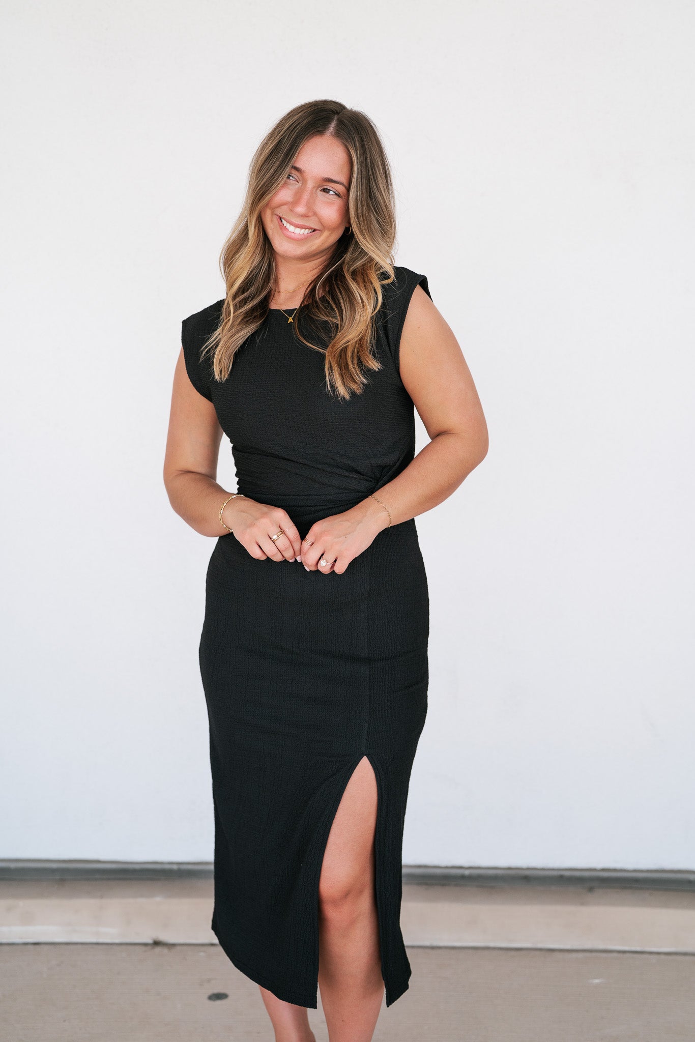Uptown Girl Twist Waist Side Slit Midi Dress