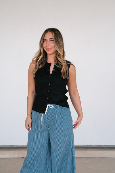 Ever Yours Ribbed Button Top - Black
