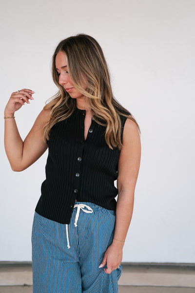 Ever Yours Ribbed Button Top - Black