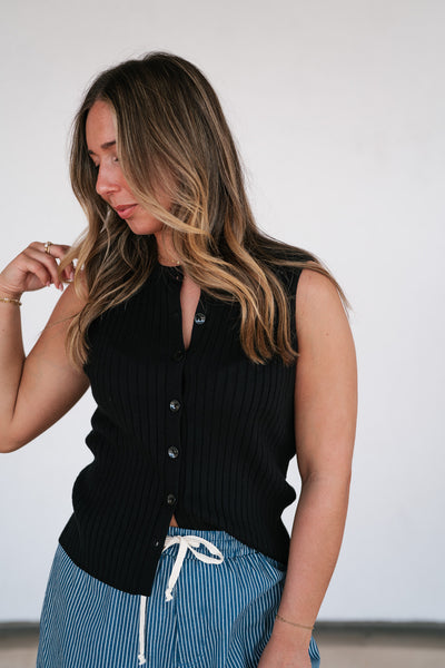 Ever Yours Ribbed Button Top - Black