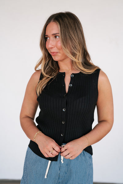 Ever Yours Ribbed Button Top - Black
