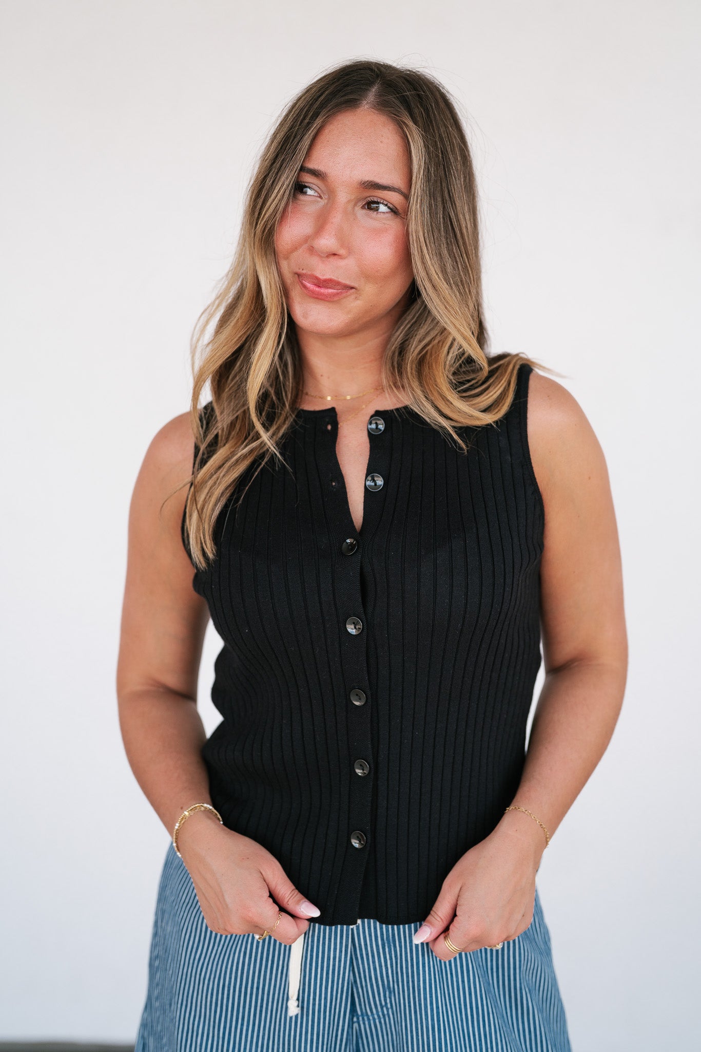 Ever Yours Ribbed Button Top - Black