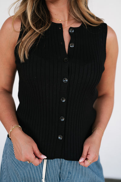 Ever Yours Ribbed Button Top - Black
