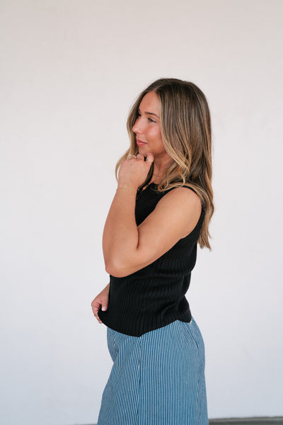 Ever Yours Ribbed Button Top - Black