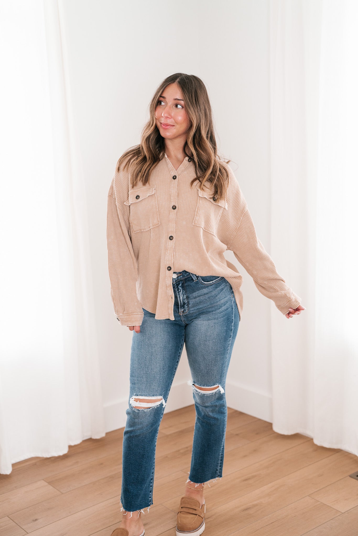 With Love Waffle Knit Button Up - Taupe