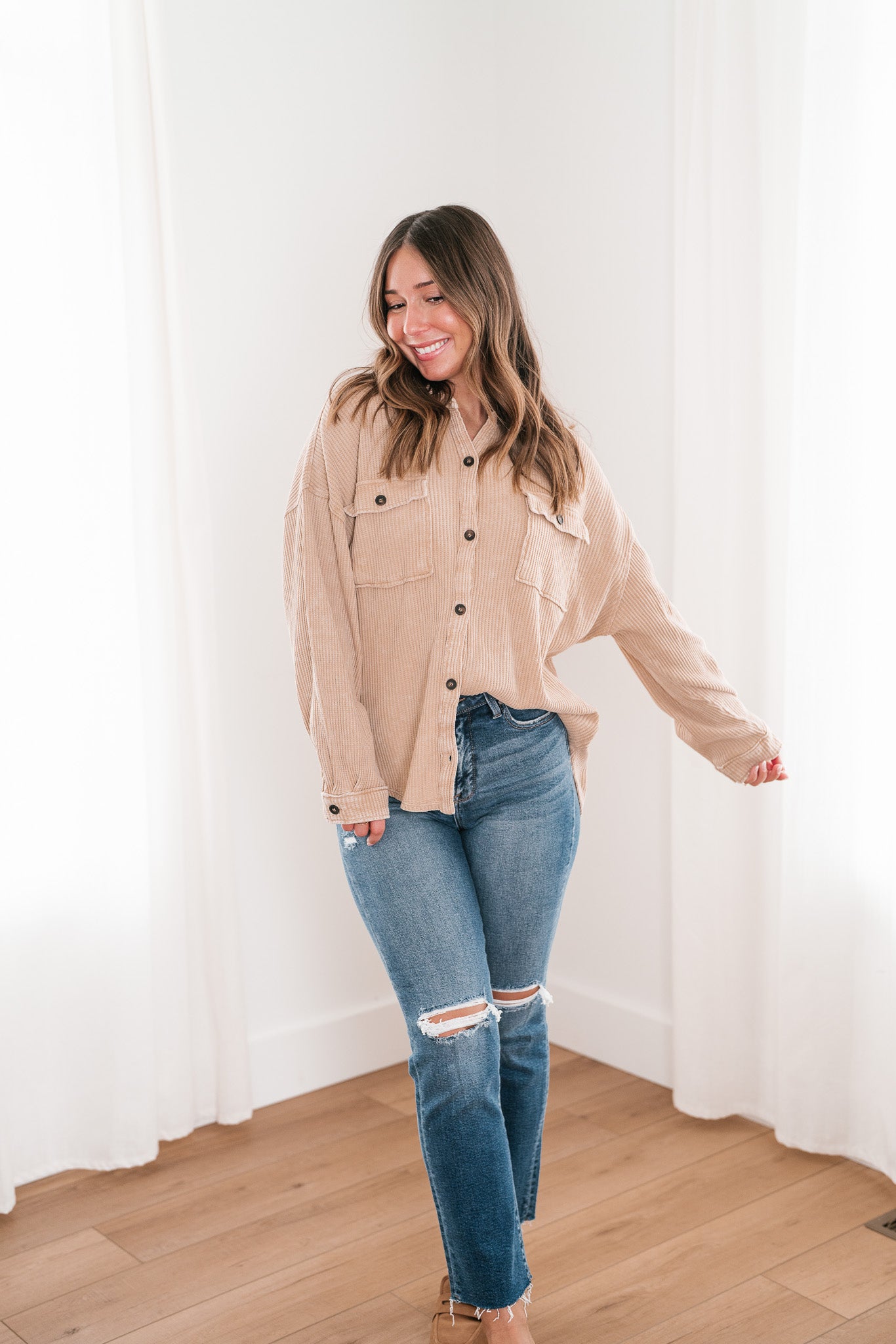 With Love Waffle Knit Button Up - Taupe