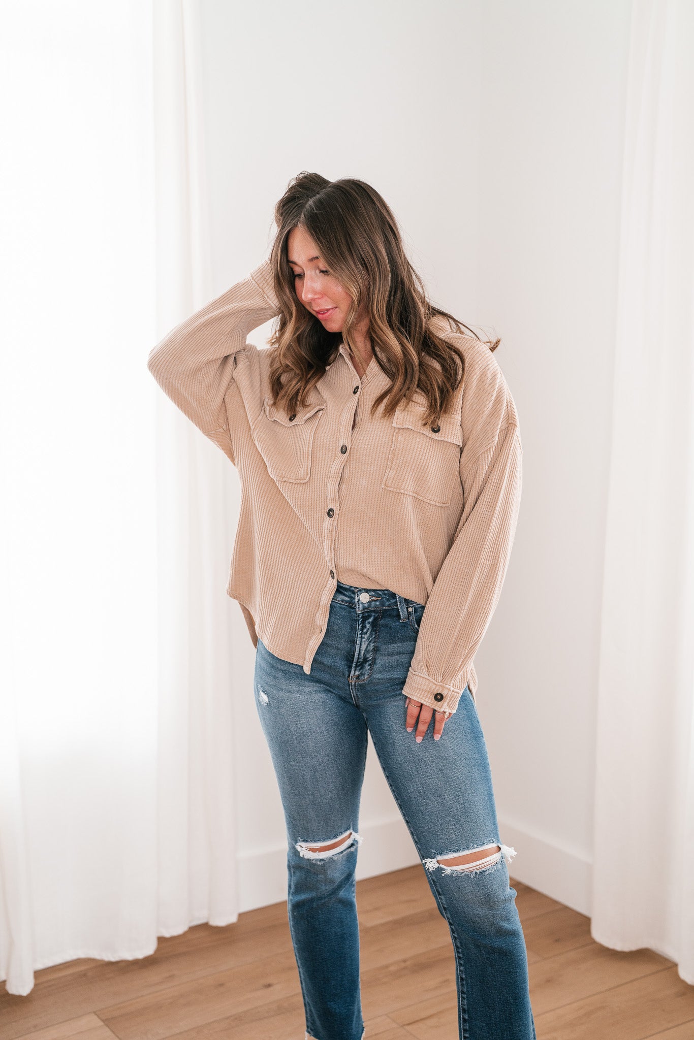 With Love Waffle Knit Button Up - Taupe