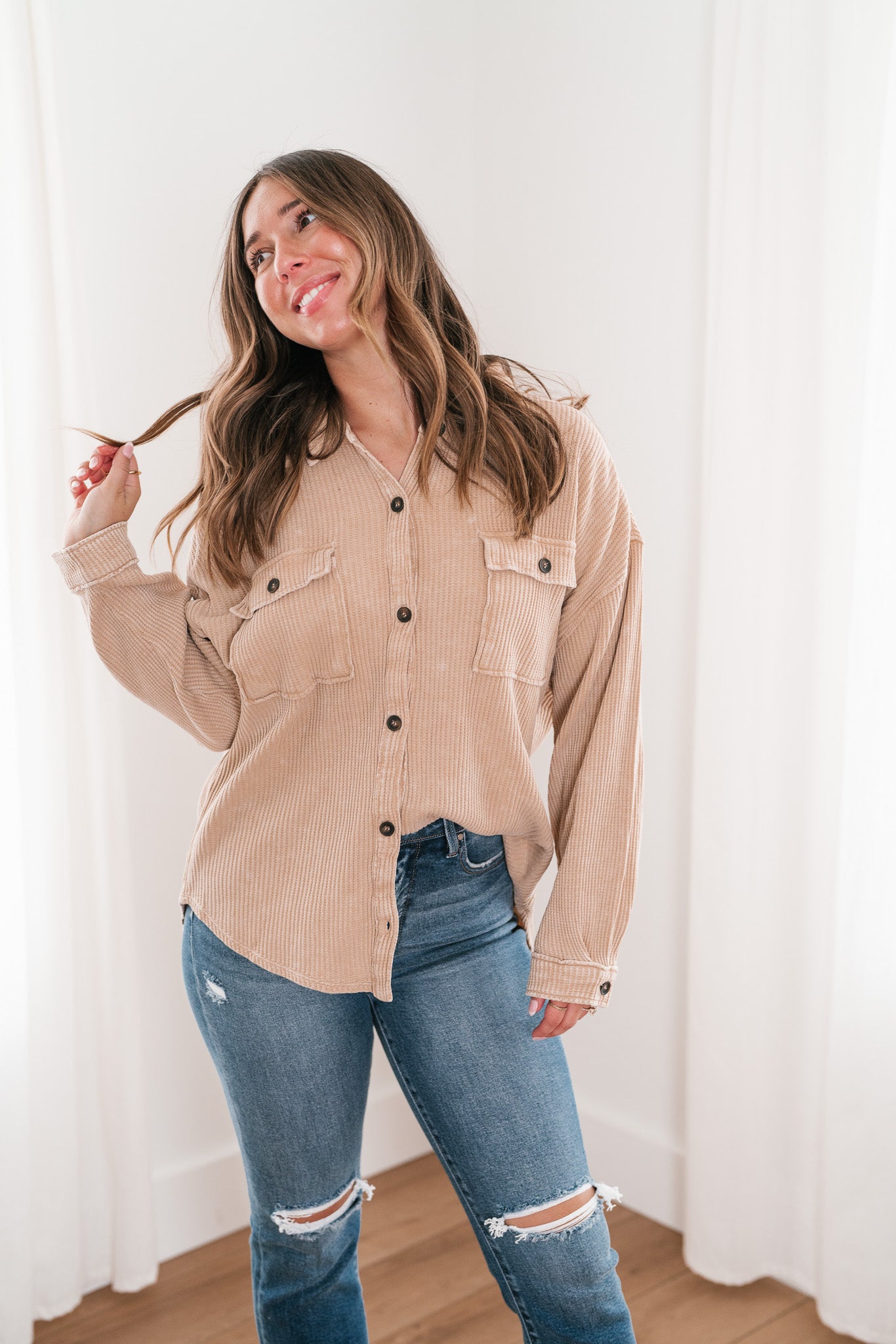 With Love Waffle Knit Button Up - Taupe