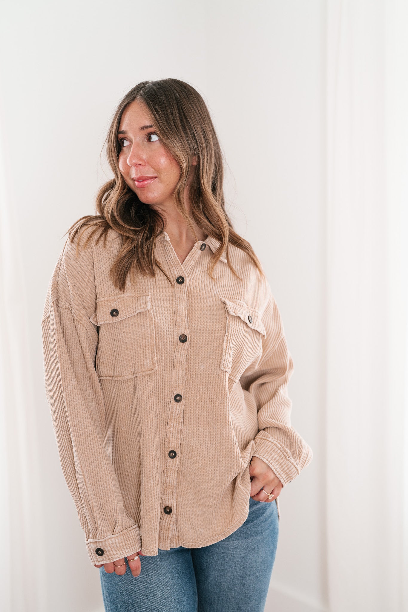 With Love Waffle Knit Button Up - Taupe