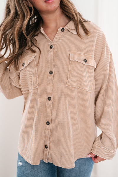 With Love Waffle Knit Button Up - Taupe