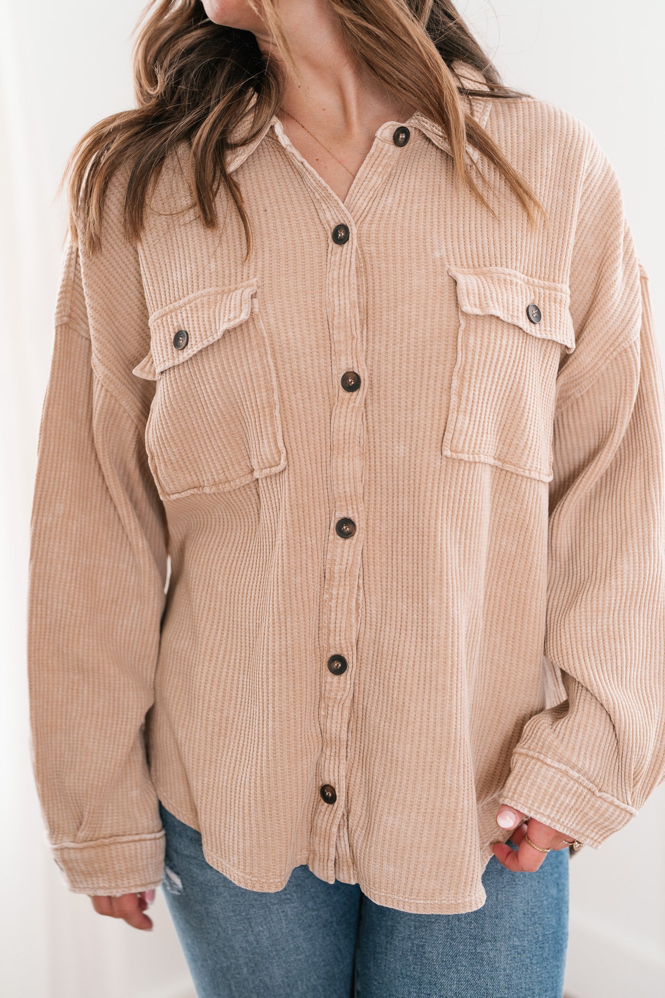 With Love Waffle Knit Button Up - Taupe