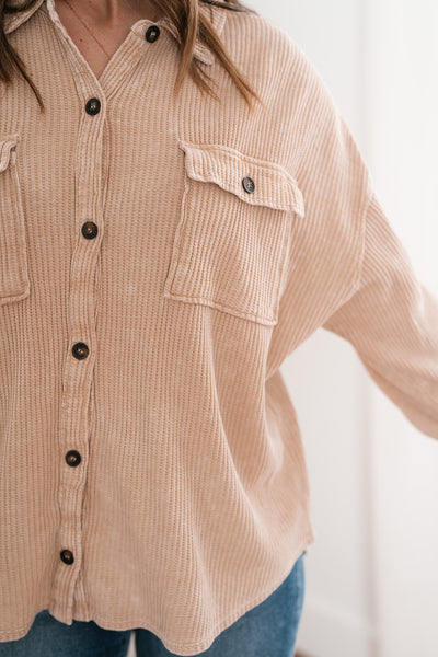 With Love Waffle Knit Button Up - Taupe