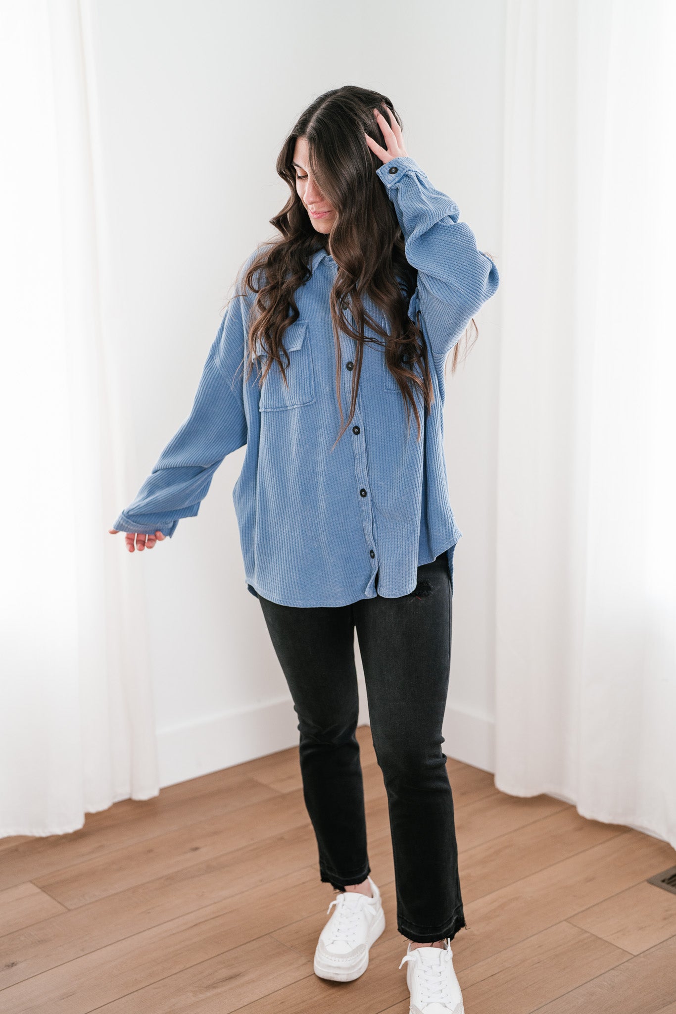 With Love Waffle Knit Button Up - Gray Blue