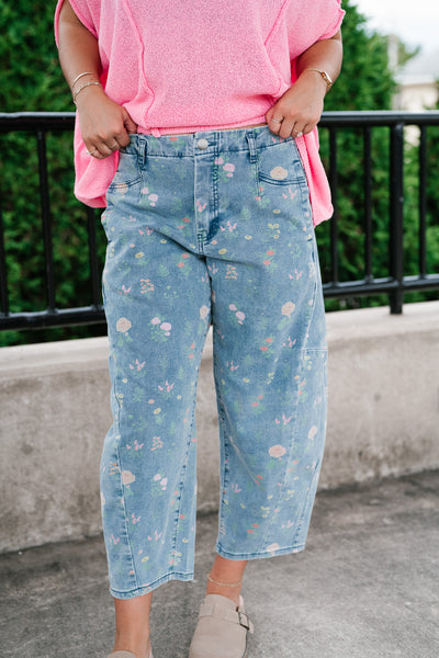 Whimsical Floral Denim Barrel Pant