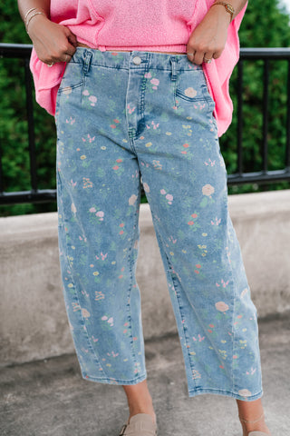 Whimsical Floral Denim Barrel Pant