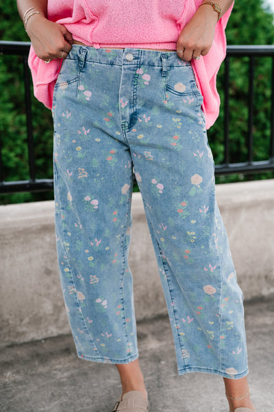 Whimsical Floral Denim Barrel Pant