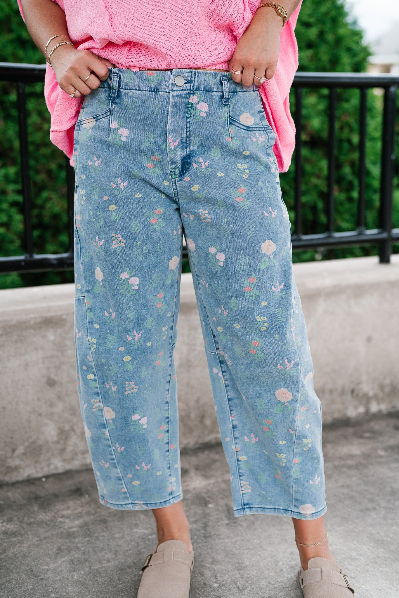 Whimsical Floral Denim Barrel Pant