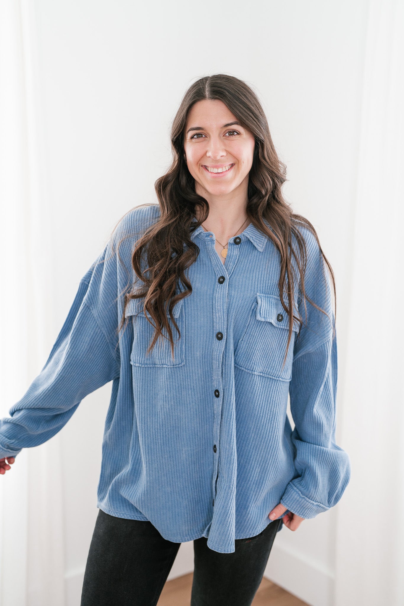 With Love Waffle Knit Button Up - Gray Blue