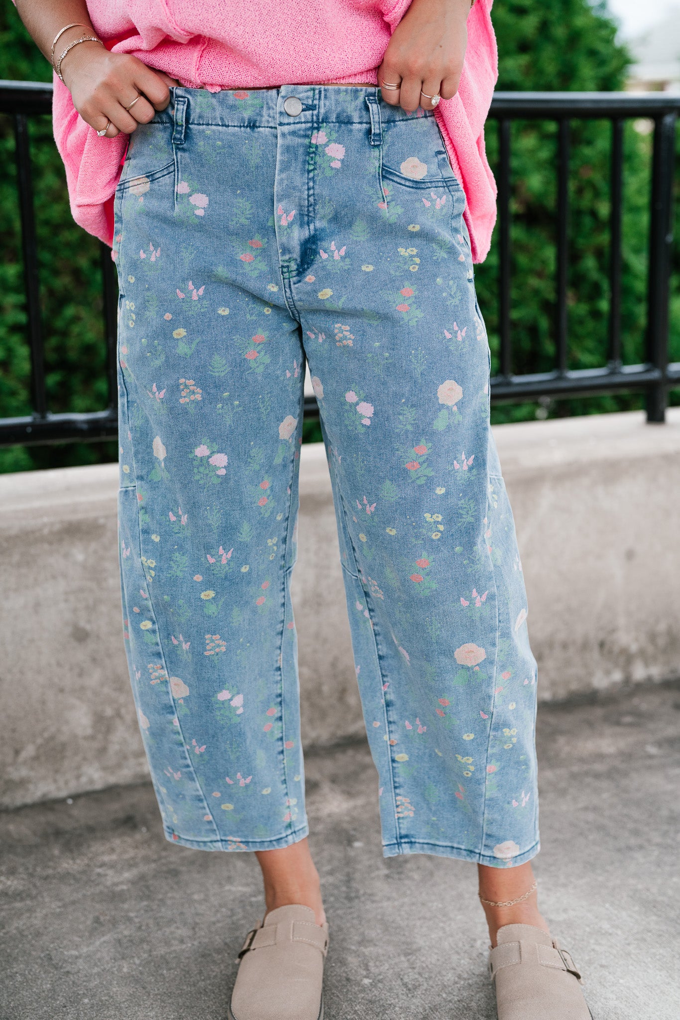 Whimsical Floral Denim Barrel Pant