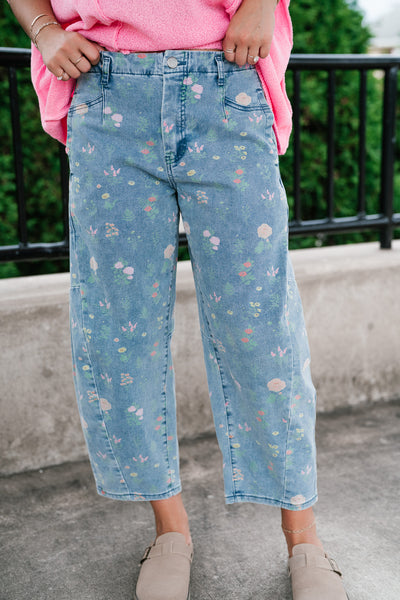 Whimsical Floral Denim Barrel Pant