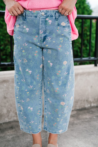 Whimsical Floral Denim Barrel Pant