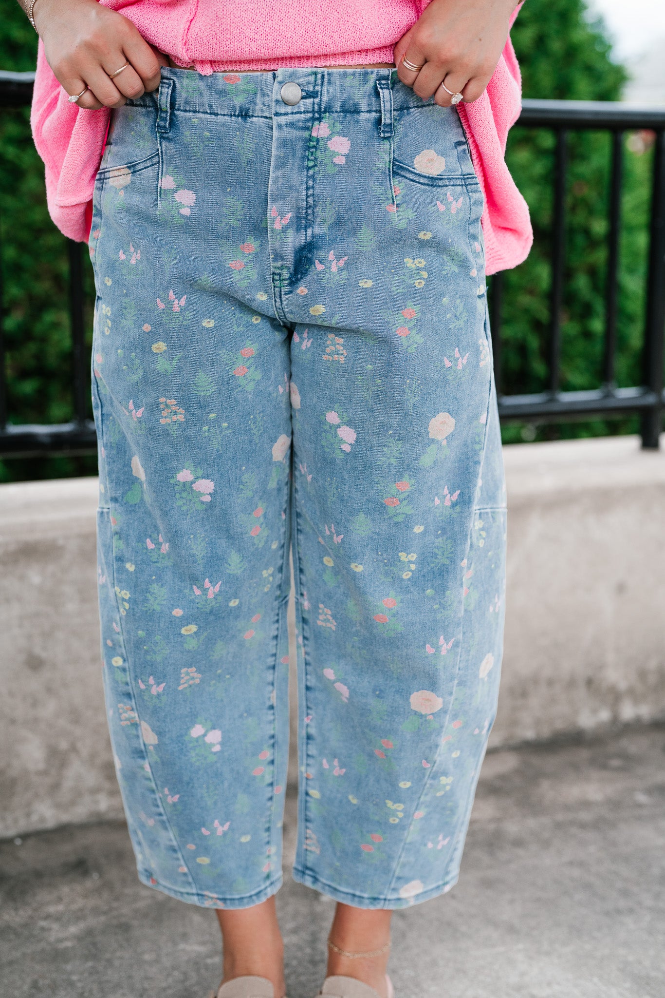 Whimsical Floral Denim Barrel Pant