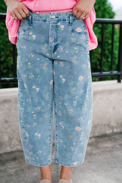 Whimsical Floral Denim Barrel Pant