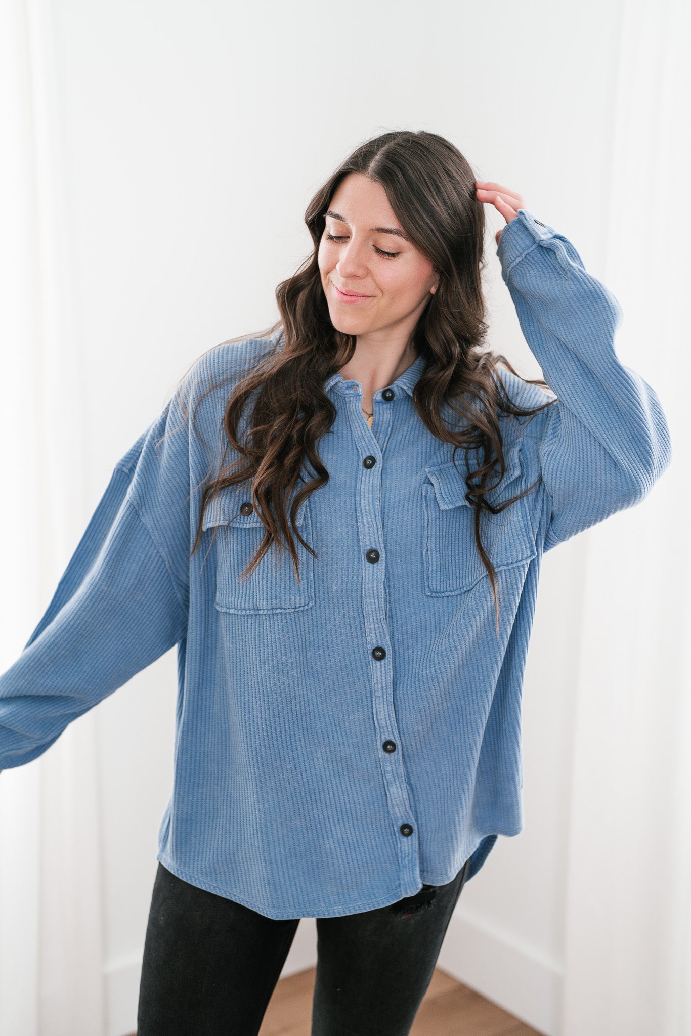 With Love Waffle Knit Button Up - Gray Blue