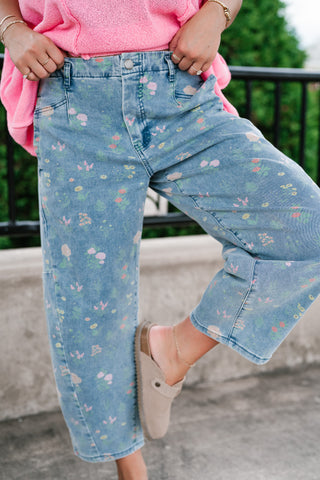 Whimsical Floral Denim Barrel Pant