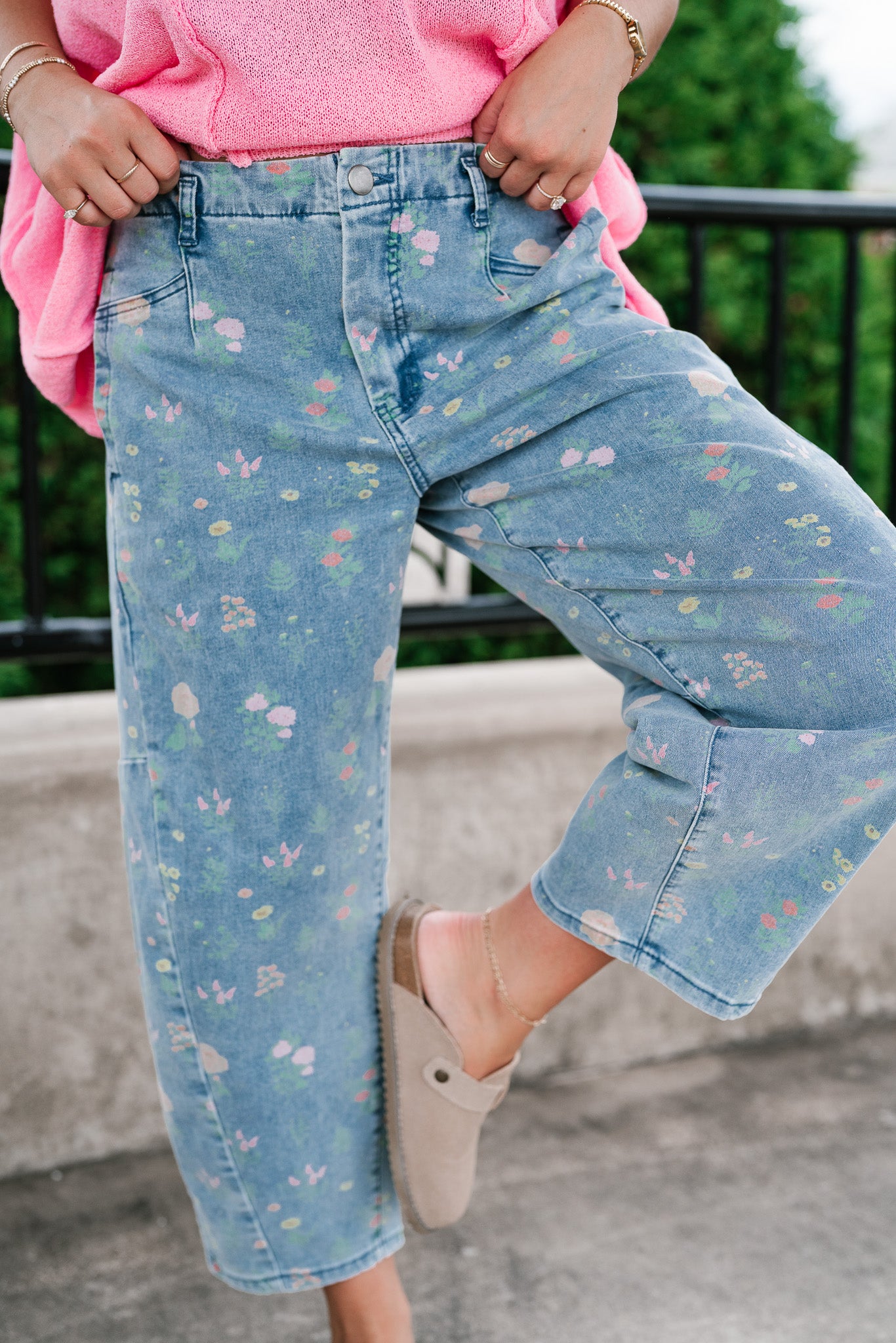 Whimsical Floral Denim Barrel Pant