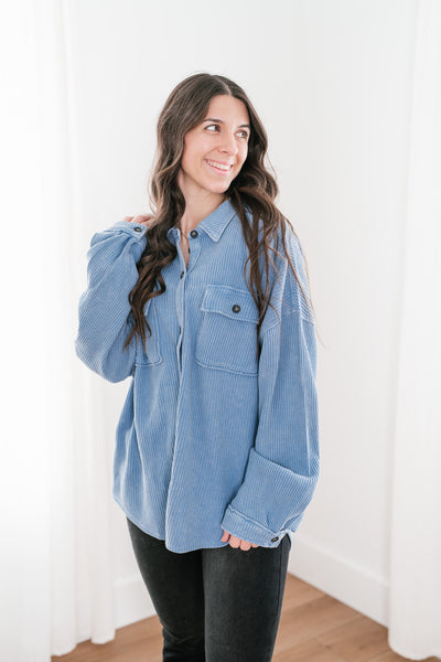 With Love Waffle Knit Button Up - Gray Blue