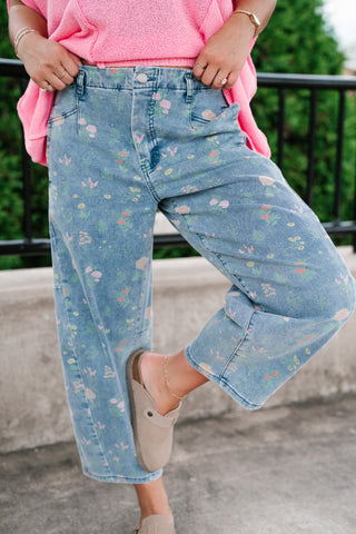 Whimsical Floral Denim Barrel Pant