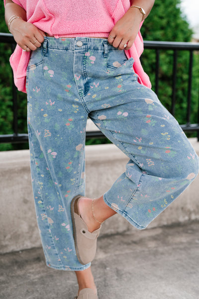 Whimsical Floral Denim Barrel Pant