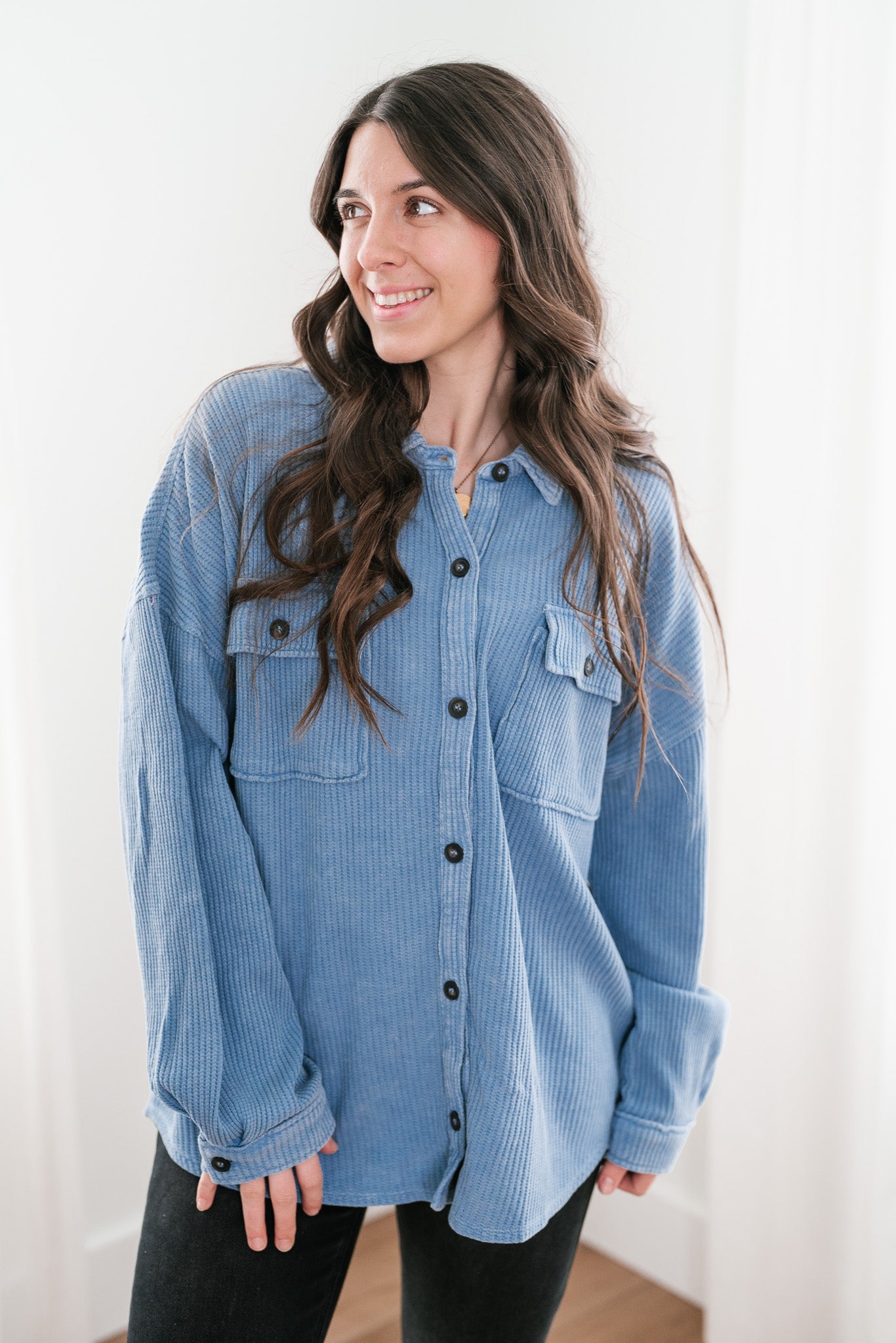 With Love Waffle Knit Button Up - Gray Blue