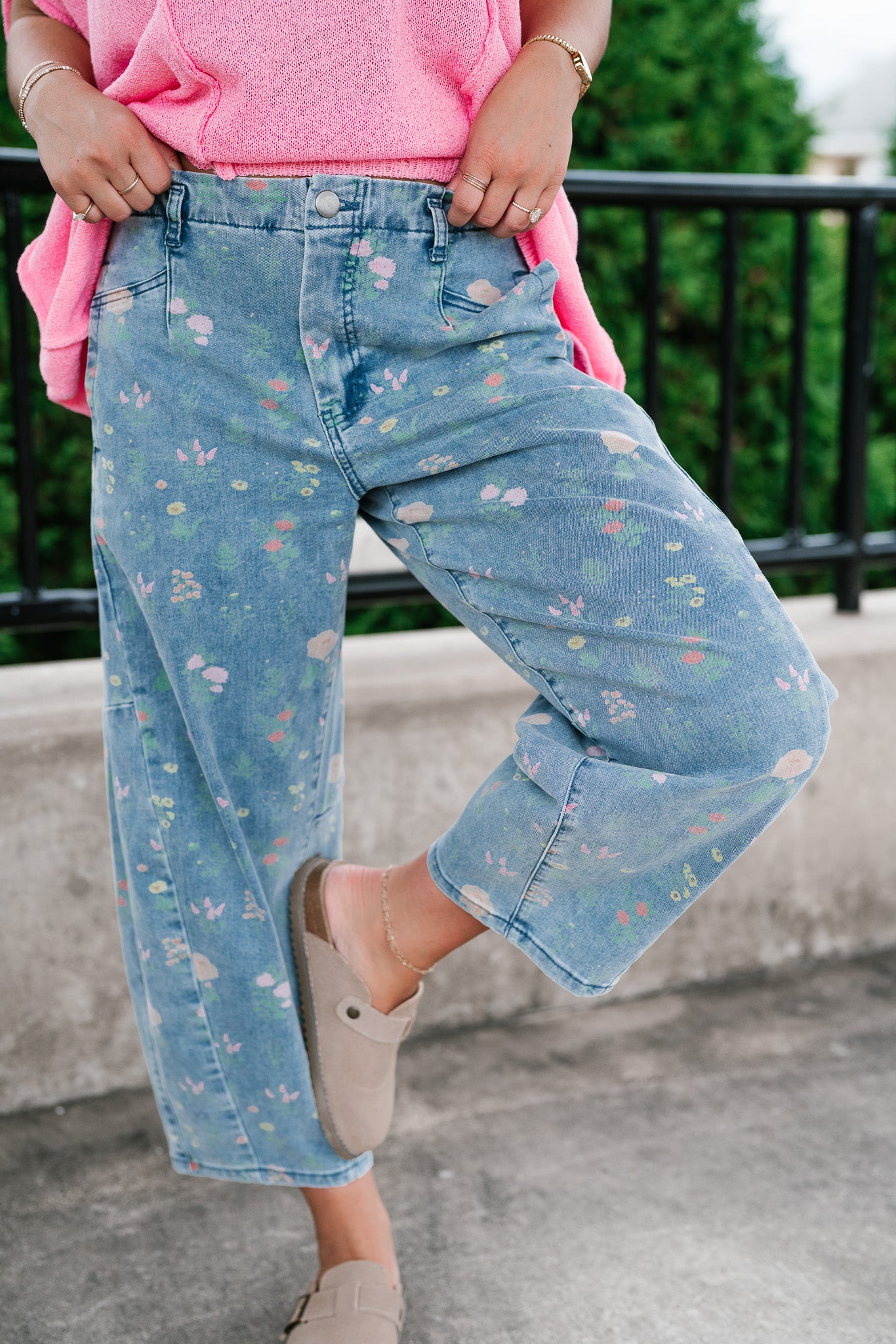 Whimsical Floral Denim Barrel Pant