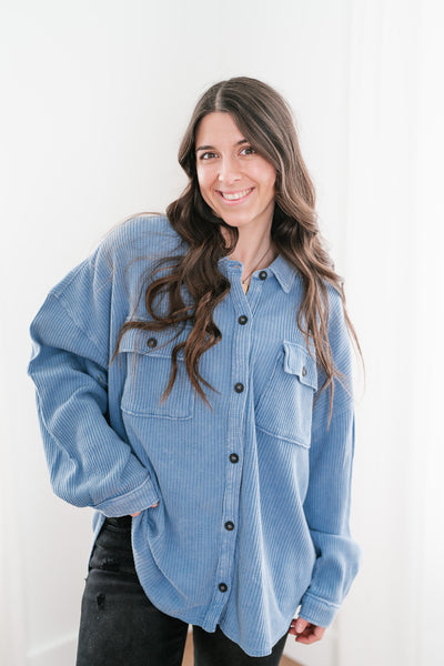 With Love Waffle Knit Button Up - Gray Blue