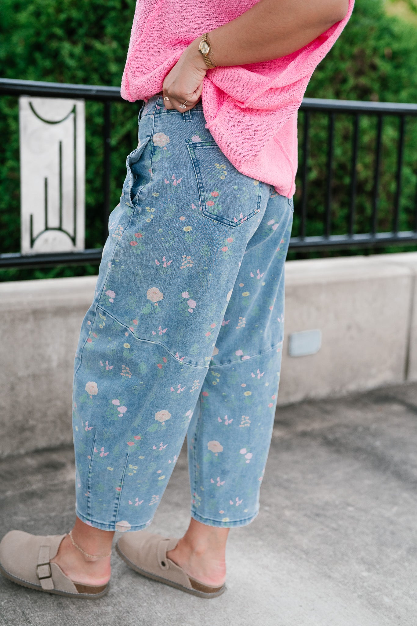 Whimsical Floral Denim Barrel Pant