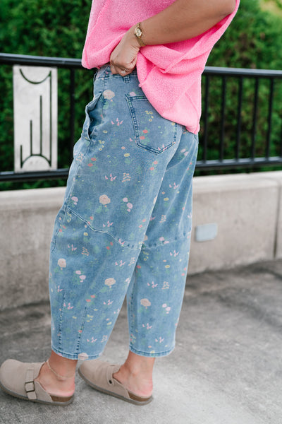 Whimsical Floral Denim Barrel Pant