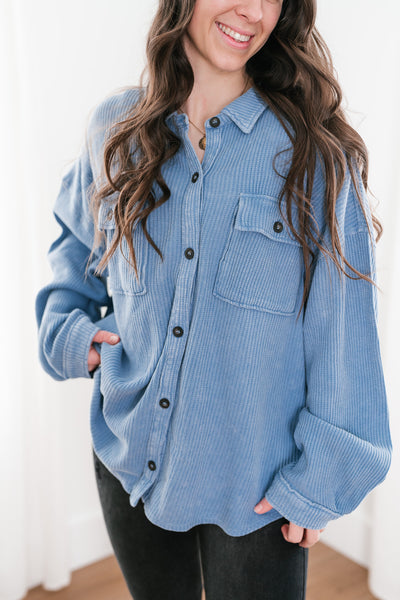 With Love Waffle Knit Button Up - Gray Blue