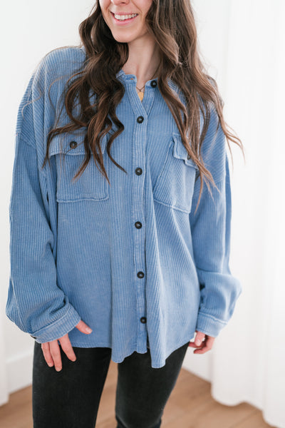 With Love Waffle Knit Button Up - Gray Blue