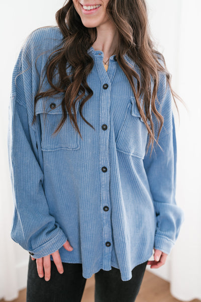 With Love Waffle Knit Button Up - Gray Blue