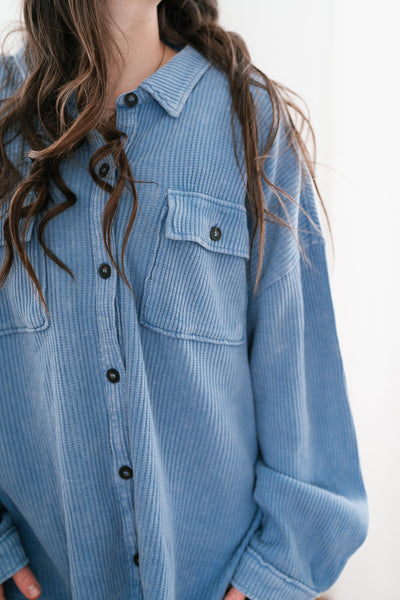 With Love Waffle Knit Button Up - Gray Blue