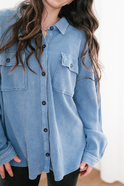 With Love Waffle Knit Button Up - Gray Blue